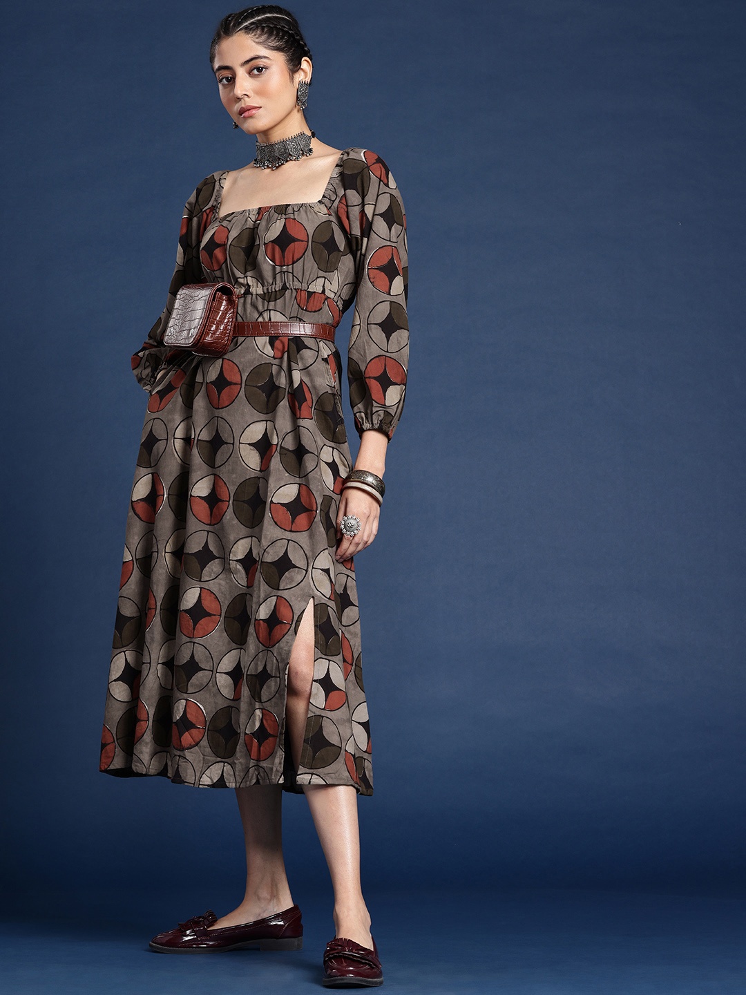

Taavi Dabu Geometric Printed A-Line Pure Cotton Midi Ethnic Dress, Grey