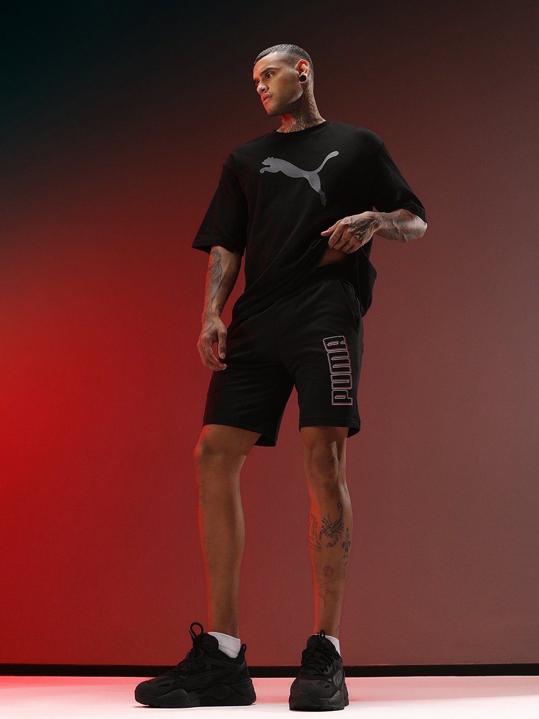 Puma Men Typography Printed Cotton Slim Fit Shorts, Black