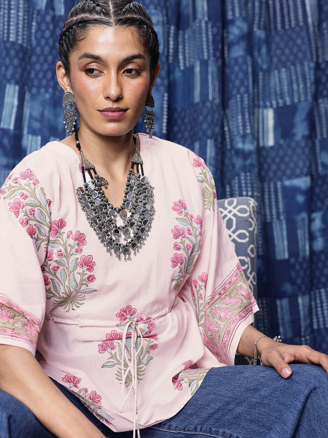 

Taavi Floral Printed V-Neck Extended Sleeves Sanganeri Folk Kaftan Kurti, Pink