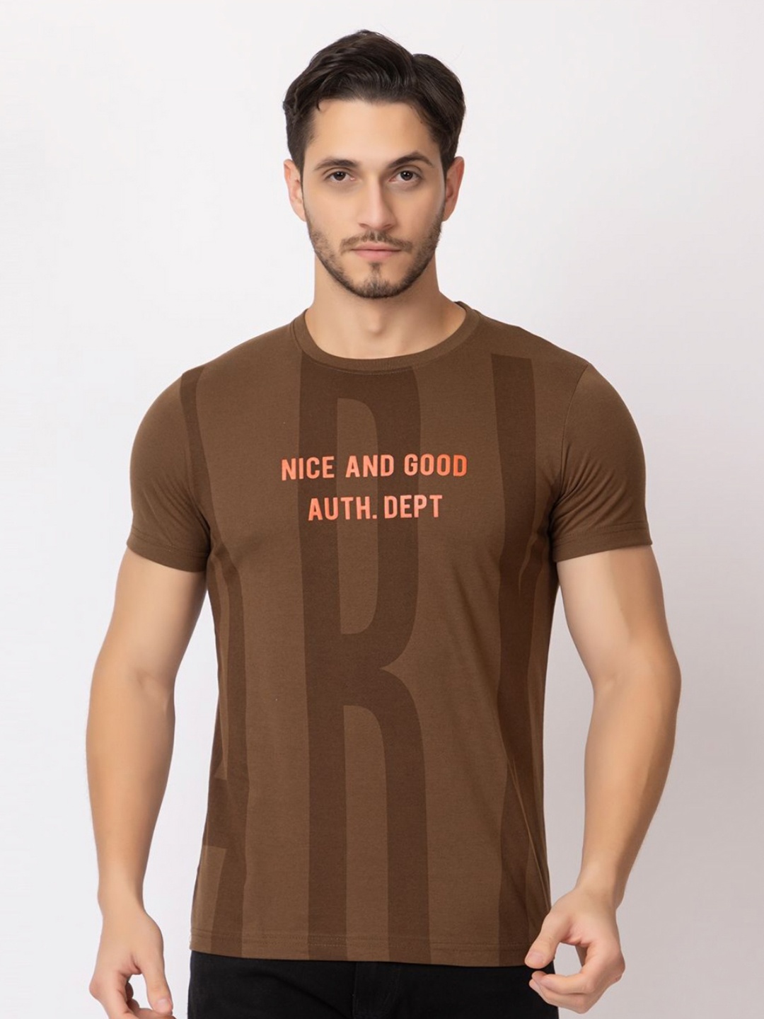 

ARIIX Men Typography Printed Round Neck Cotton T-shirt, Brown