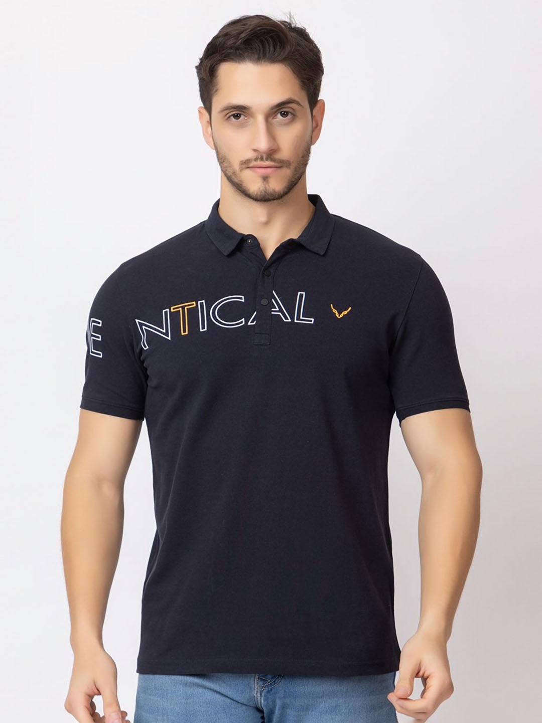 ARIIX Men Typography Printed Polo Collar Cotton T-shirt, Navy blue