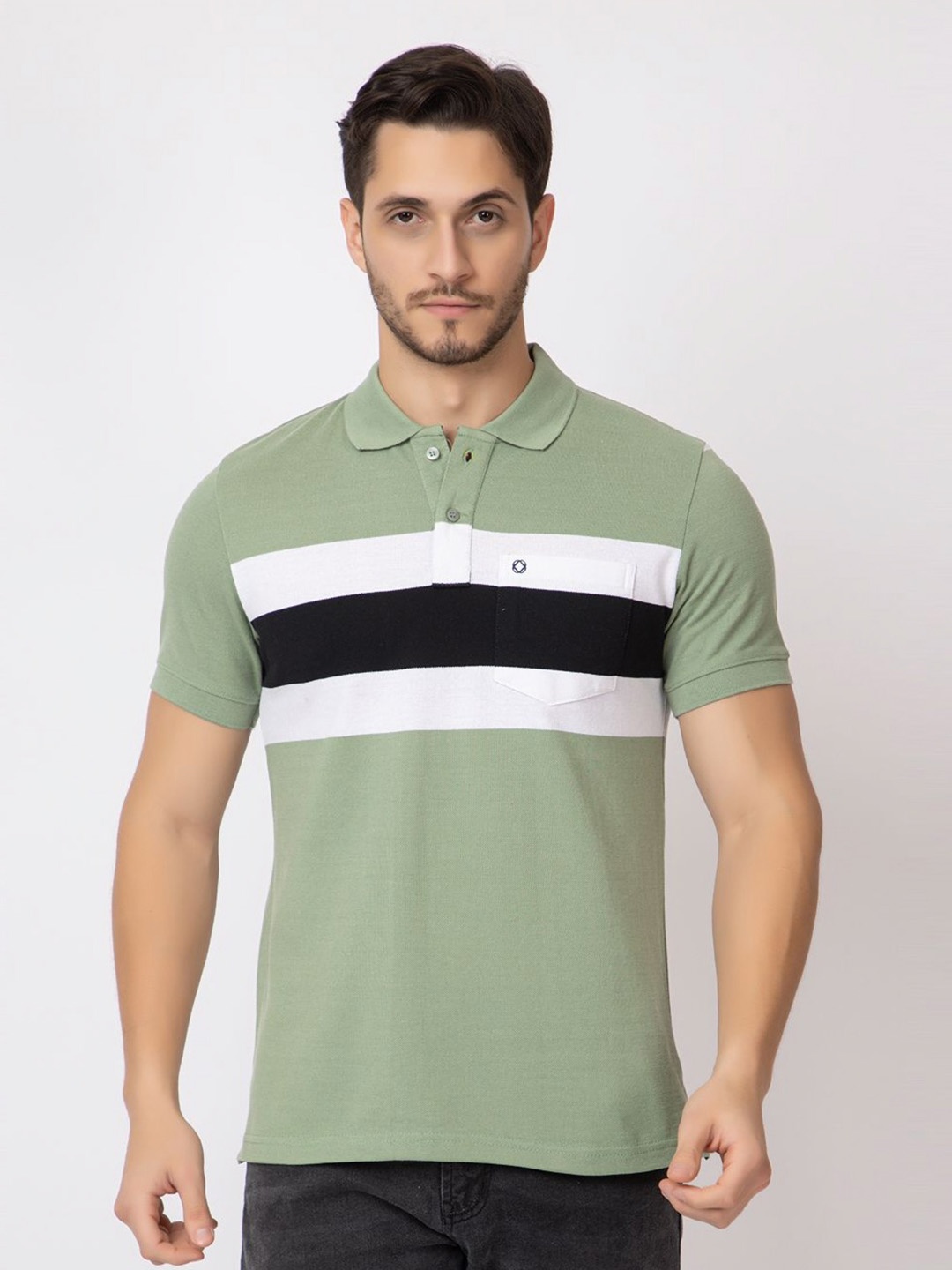 

ARIIX Men Striped Polo Collar Cotton T-shirt, Green