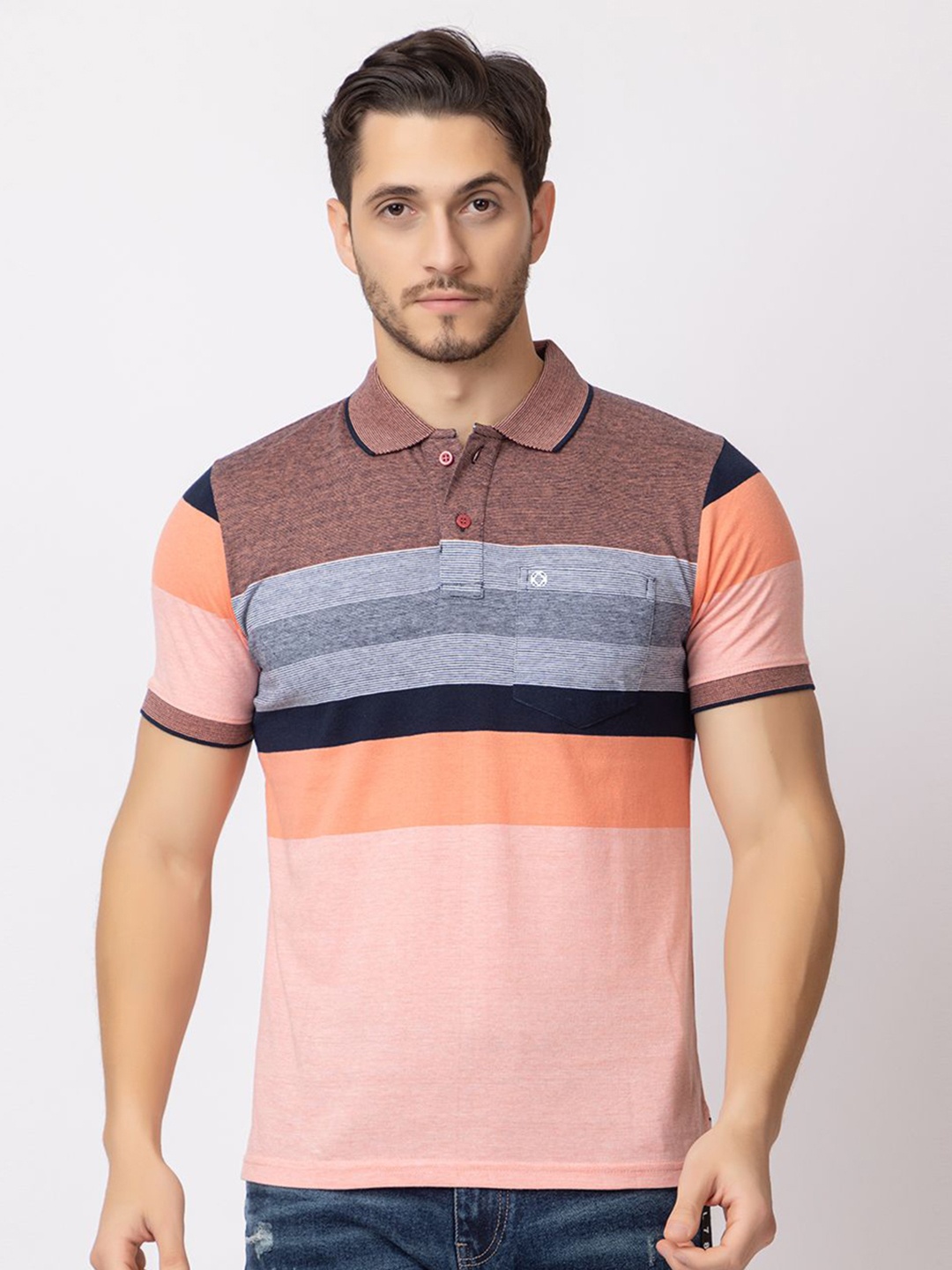 

ARIIX Men Striped Polo Collar Cotton T-shirt, Peach