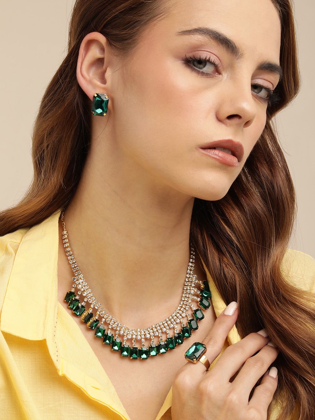 

MANSIYAORANGE 18K Gold-Plated Crystal AD Gemstone-Studded Jewellery Set, Green