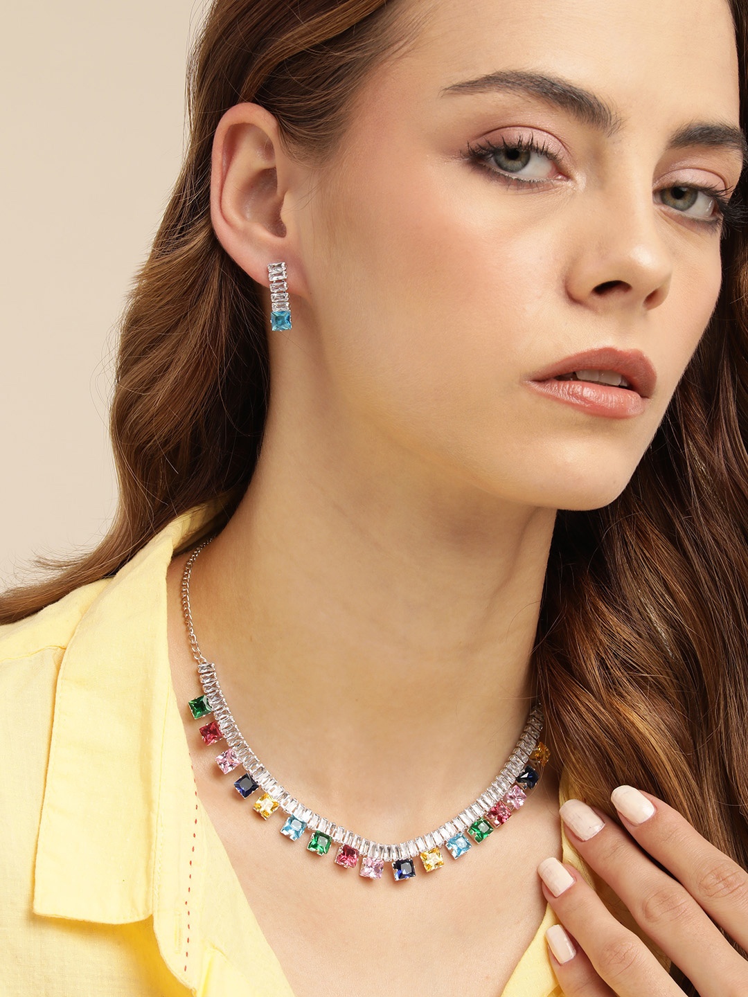 

MANSIYAORANGE Rhodium-Plated Crystal AD Gemstone-Studded Jewellery Set, Multi