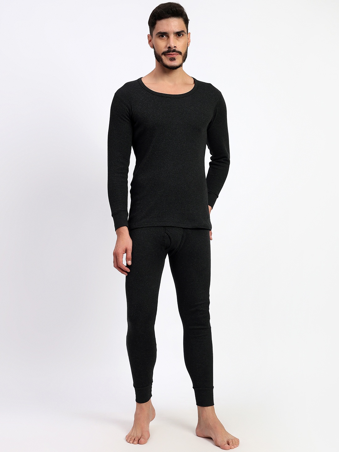 

T.T. Men Round Neck Cotton Thermal Set, Black