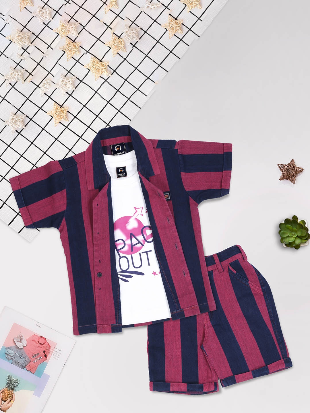 

MashUp Boys Striped Shirt Collar Short Sleeves Pure Cotton Shirt & T-Shirt With Shorts, Maroon