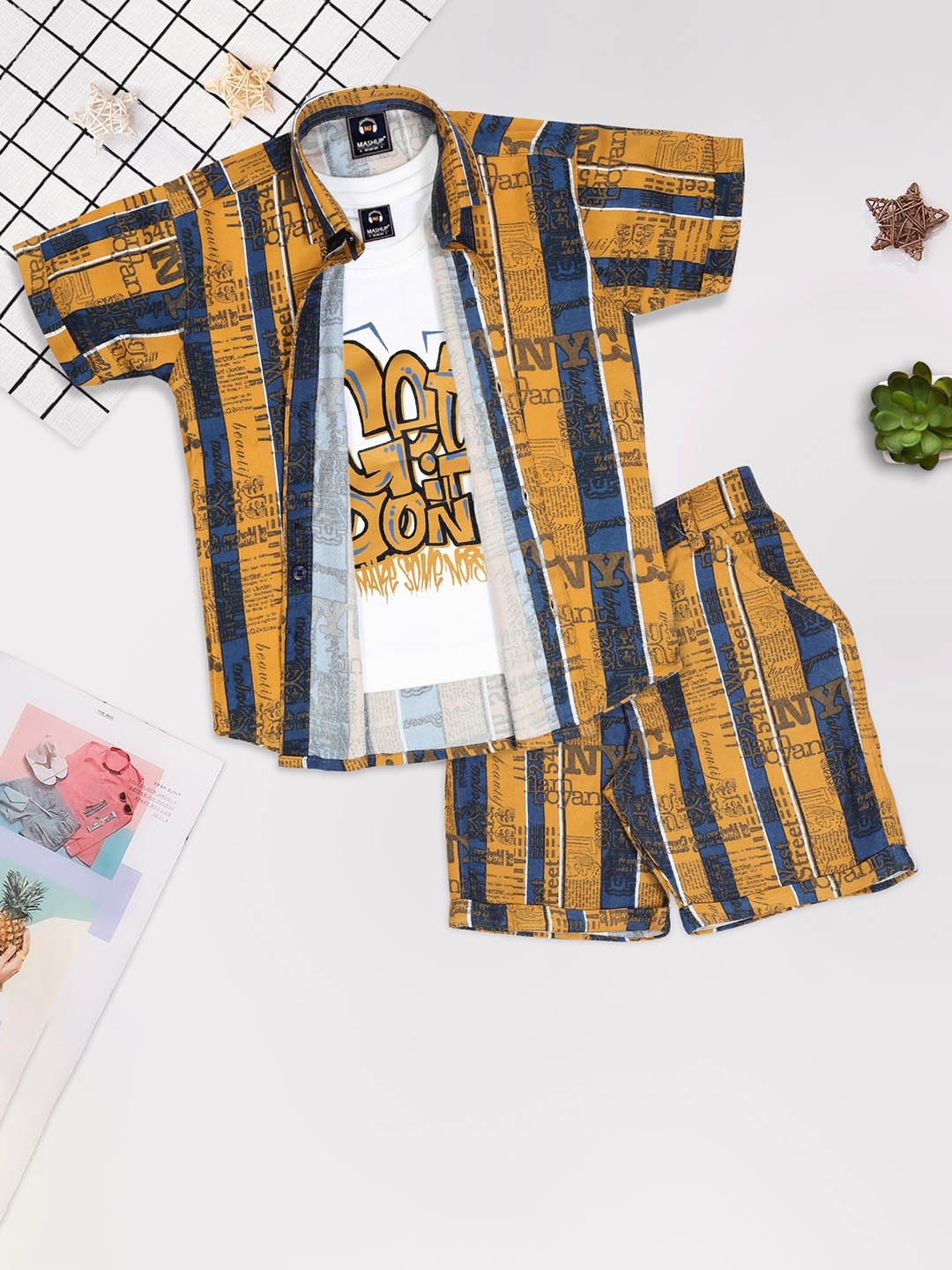 

MashUp Boys Striped Shirt Collar Short Sleeves Pure Cotton Shirt & T-Shirt With Shorts, Mustard
