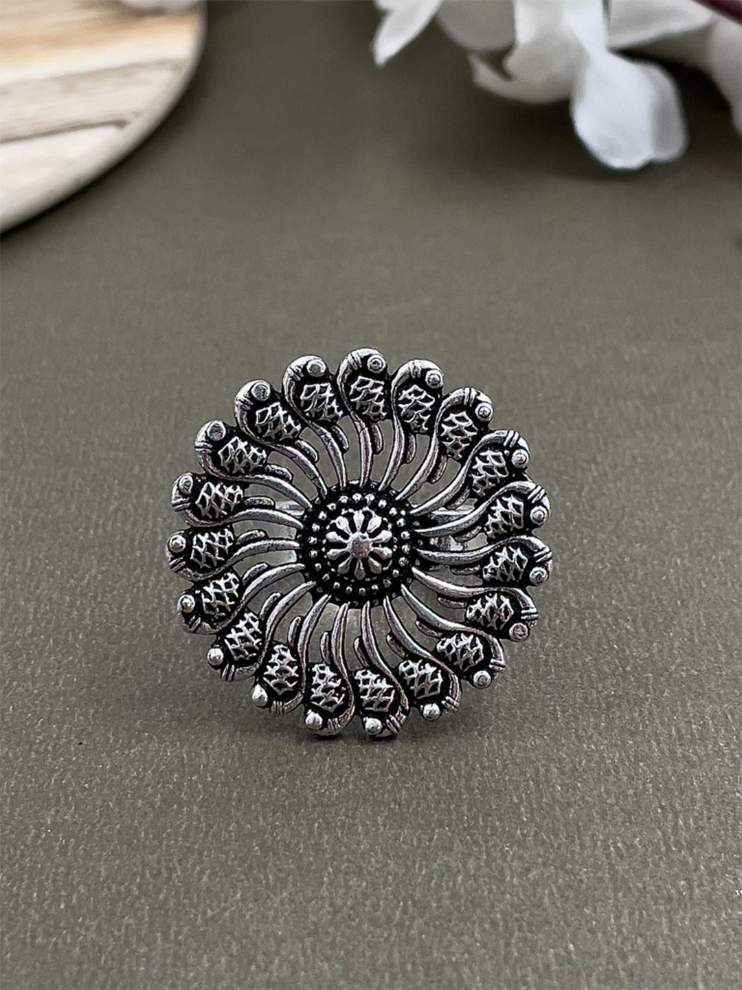 

NAMAN ARTS Silver-Plated Oxidised Adjustable Finger Ring