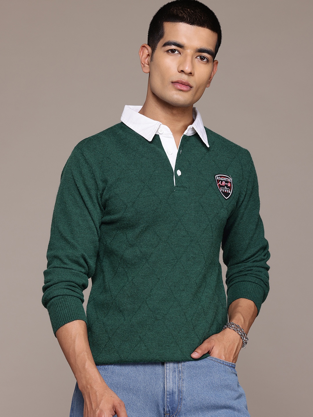 

The Roadster Lifestyle Co. Men Geometric Self Design Woollen Pullover, Green