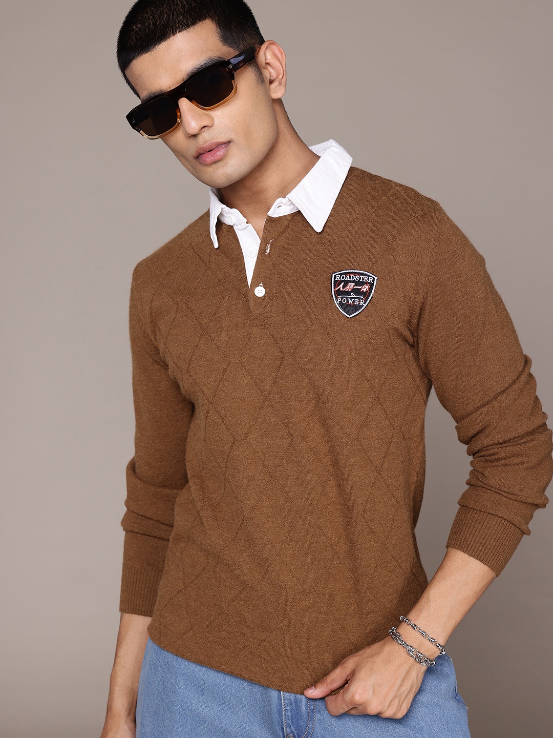 

The Roadster Lifestyle Co. Men Geometric Self Design Woollen Pullover, Brown