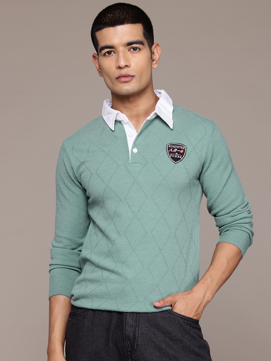 

The Roadster Lifestyle Co. Men Geometric Self Design Woollen Pullover, Sea green