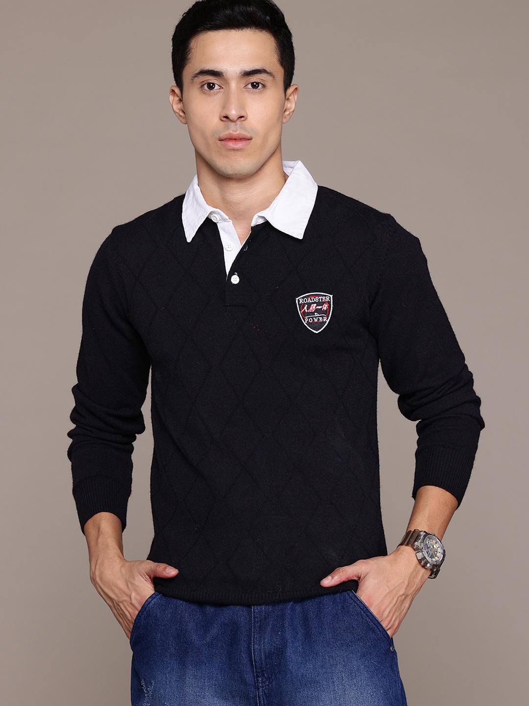 

The Roadster Lifestyle Co. Men Geometric Self Design Woollen Pullover, Black