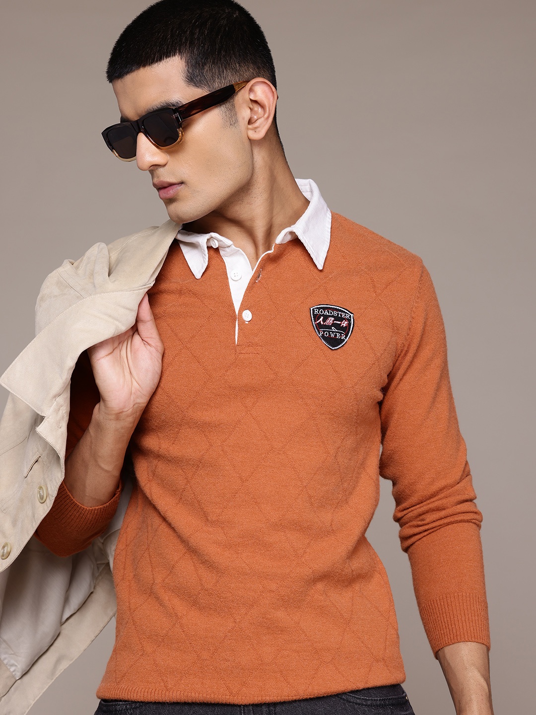 

The Roadster Lifestyle Co. Men Geometric Self Design Woollen Pullover, Orange