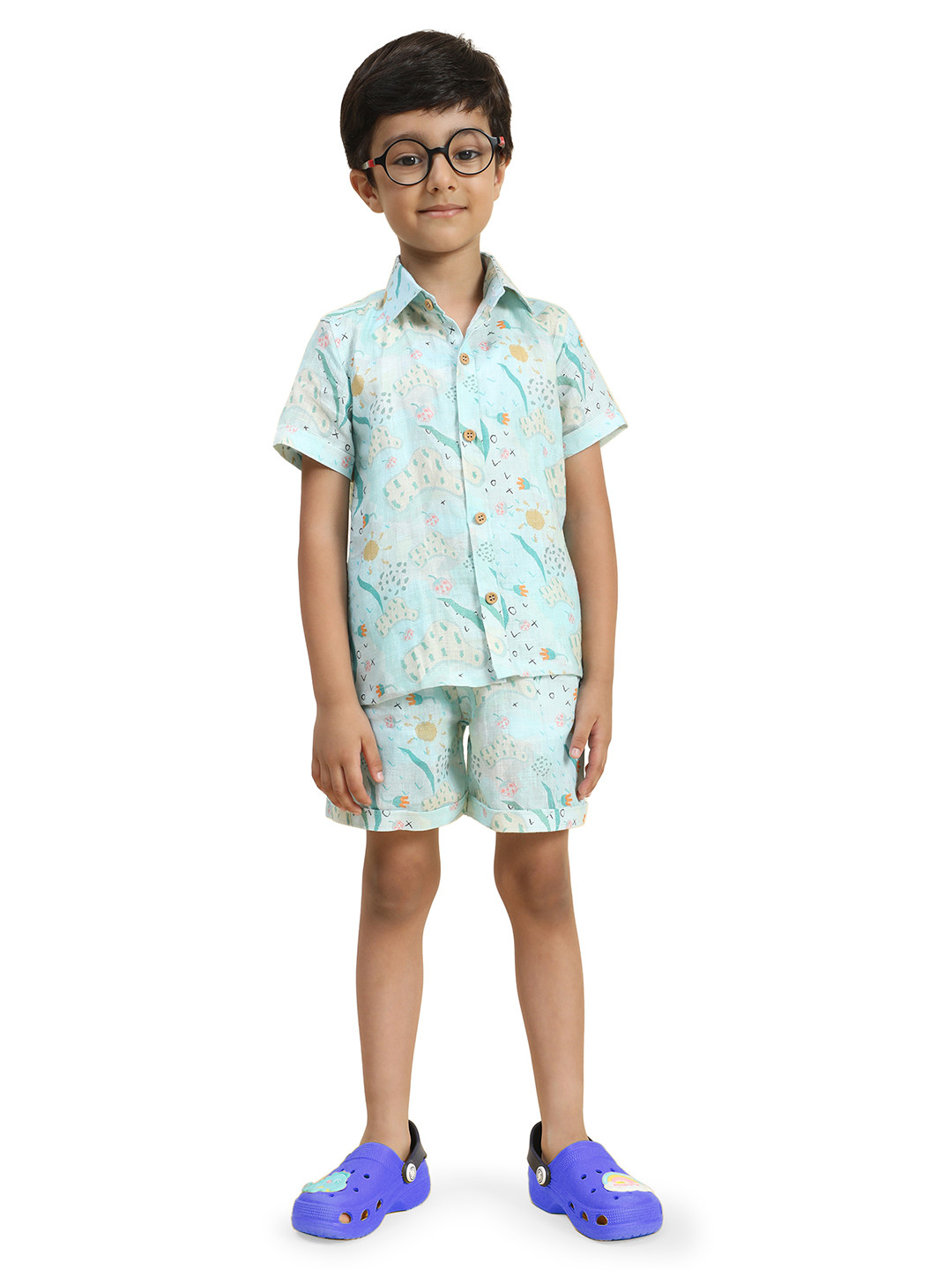 

Funny Bones Clothings Boys Printed Short Sleeve Shirt & Shorts Clothing Set, Blue
