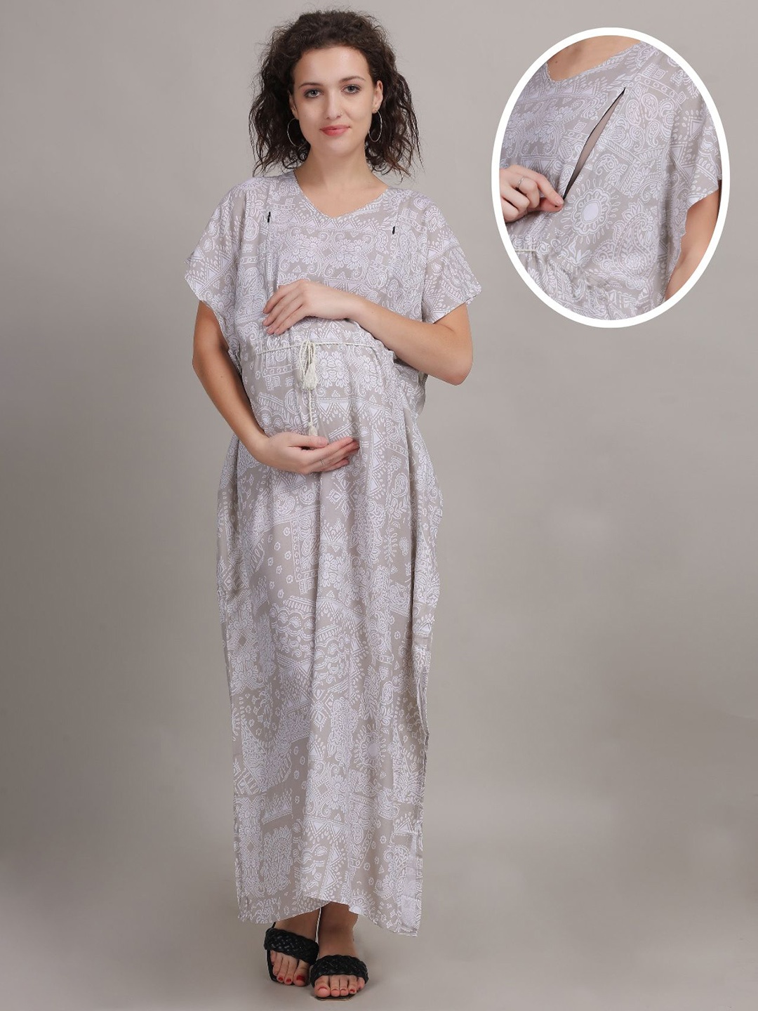 

Fabme Women Printed Kaftan Maternity Maxi Dress, Beige