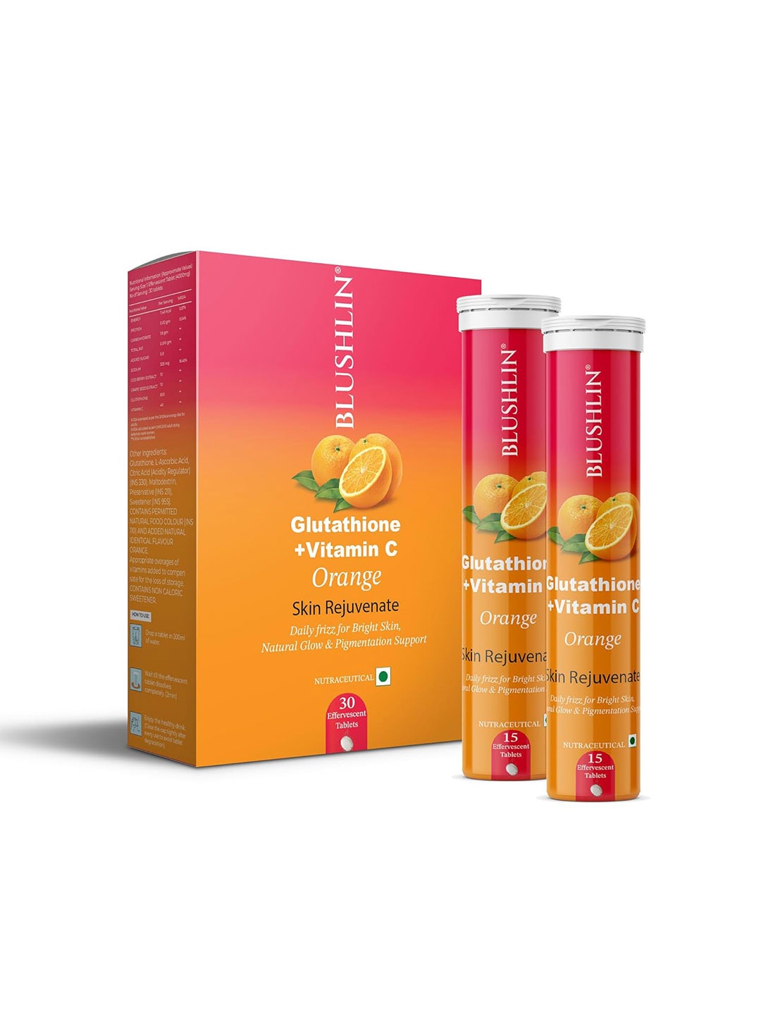 

BLUSHLIN Set Of 2 Glutathione Fizz Tablets With Vit C -Orange- 15 Tablets Each, Red