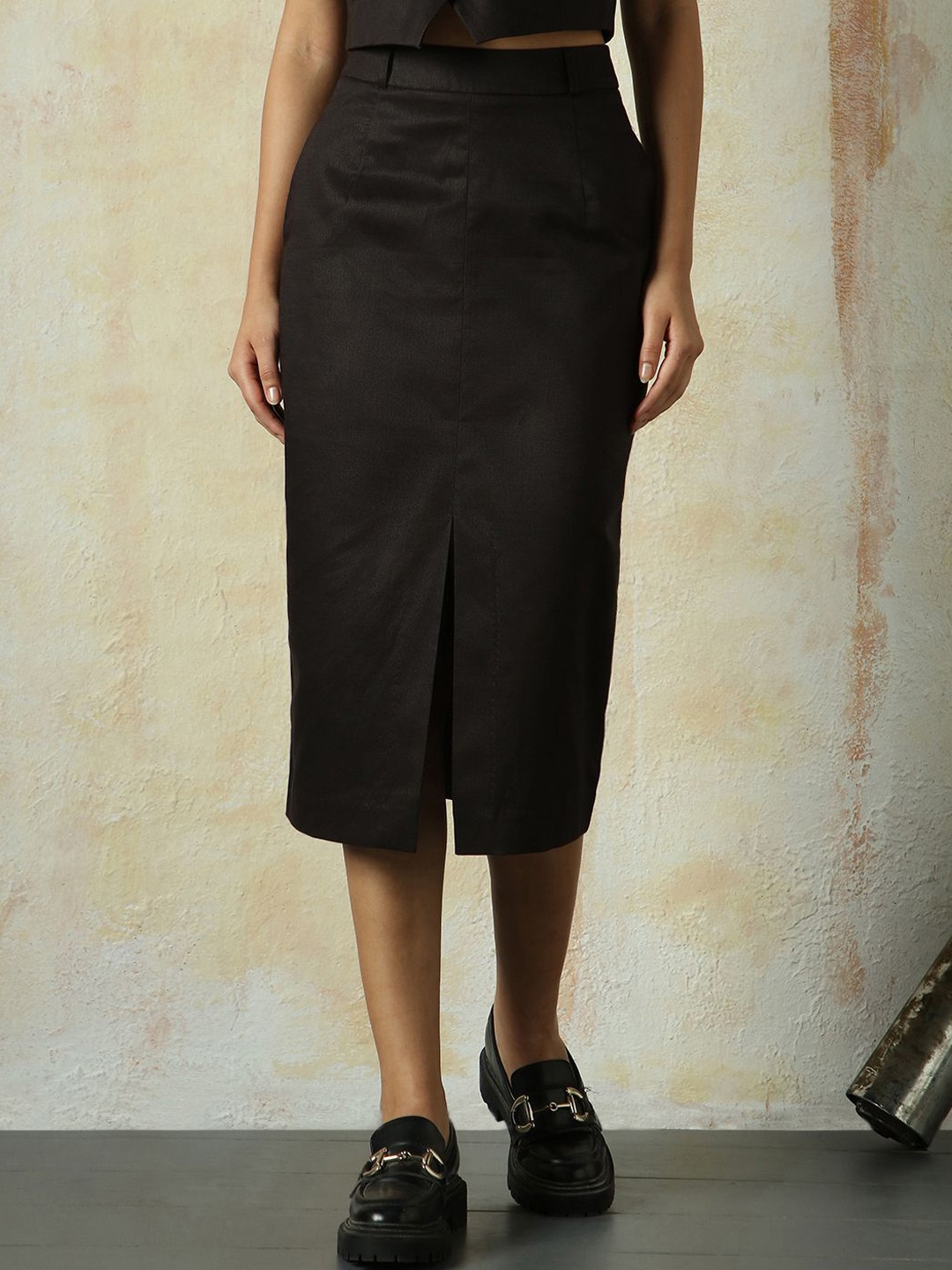 

High Star Women Straight Pencil Midi Front Slit Skirt, Black