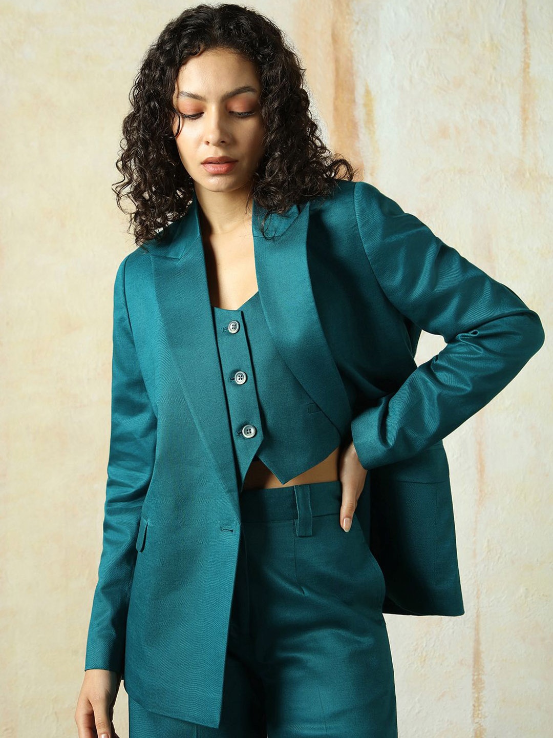 

High Star Notched Lapel Collar Oversized Fit Double Breasted Blazer, Teal