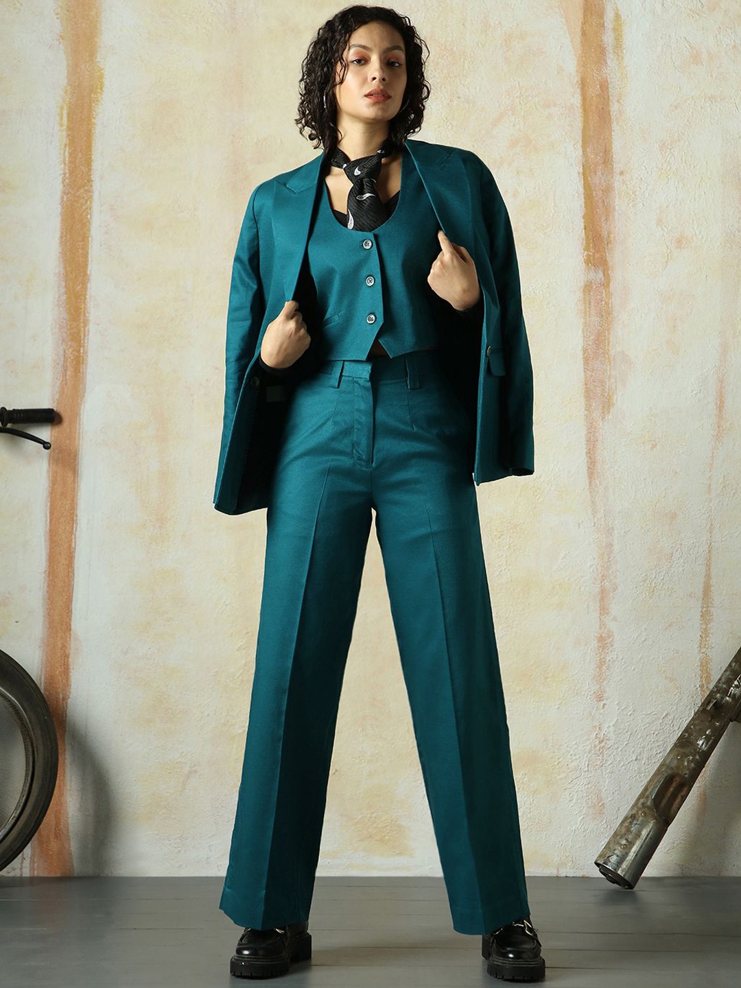 

High Star Women Relaxed Flare High-Rise Easy Wash Pleated Korean Trousers, Teal