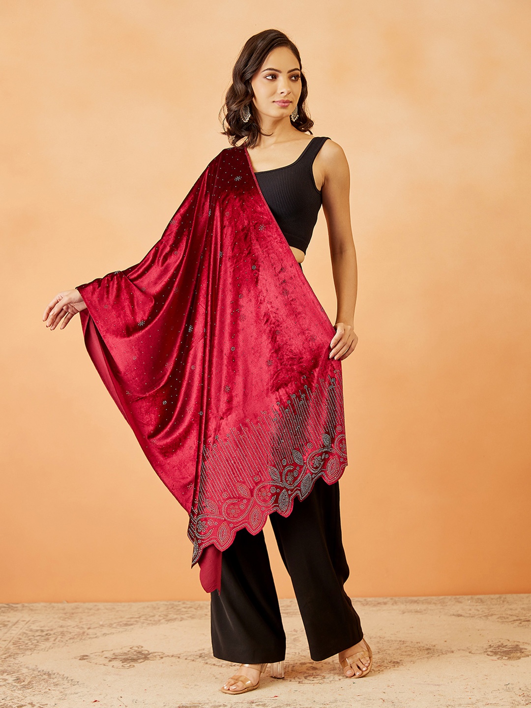

Pashmoda Women Paisley Velvet Shawl, Maroon