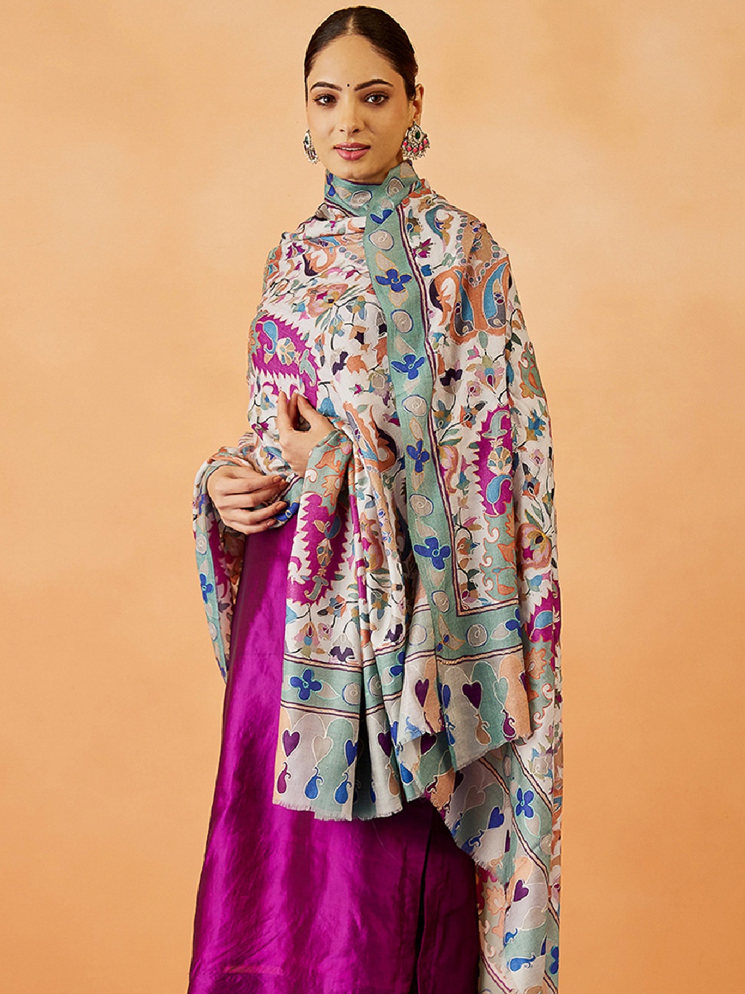 

Pashmoda Women Floral Embroidered Shawl, White