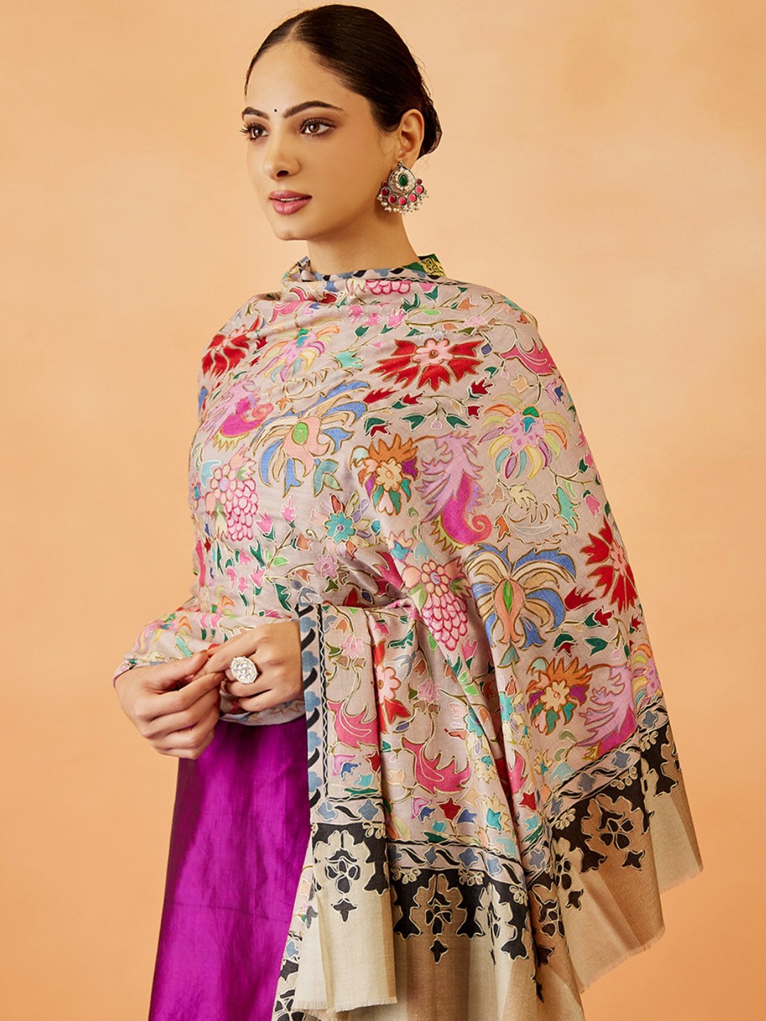

Pashmoda Women Floral Embroidered Shawl, Beige