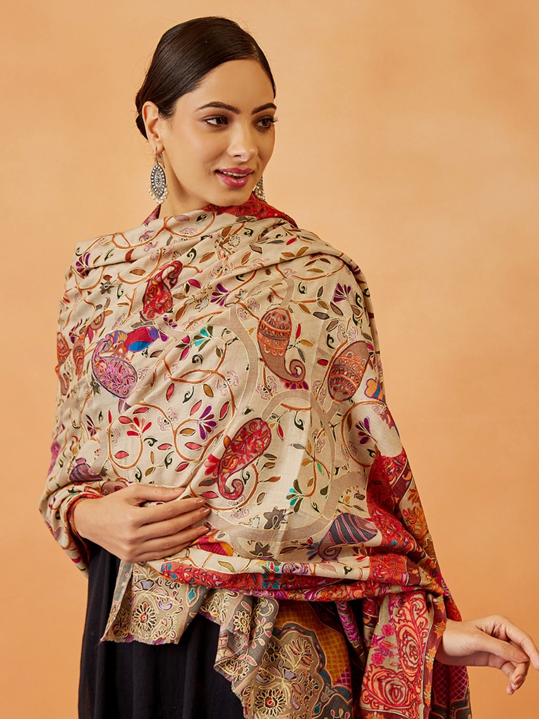 

Pashmoda Women Floral Embroidered Shawl, Beige
