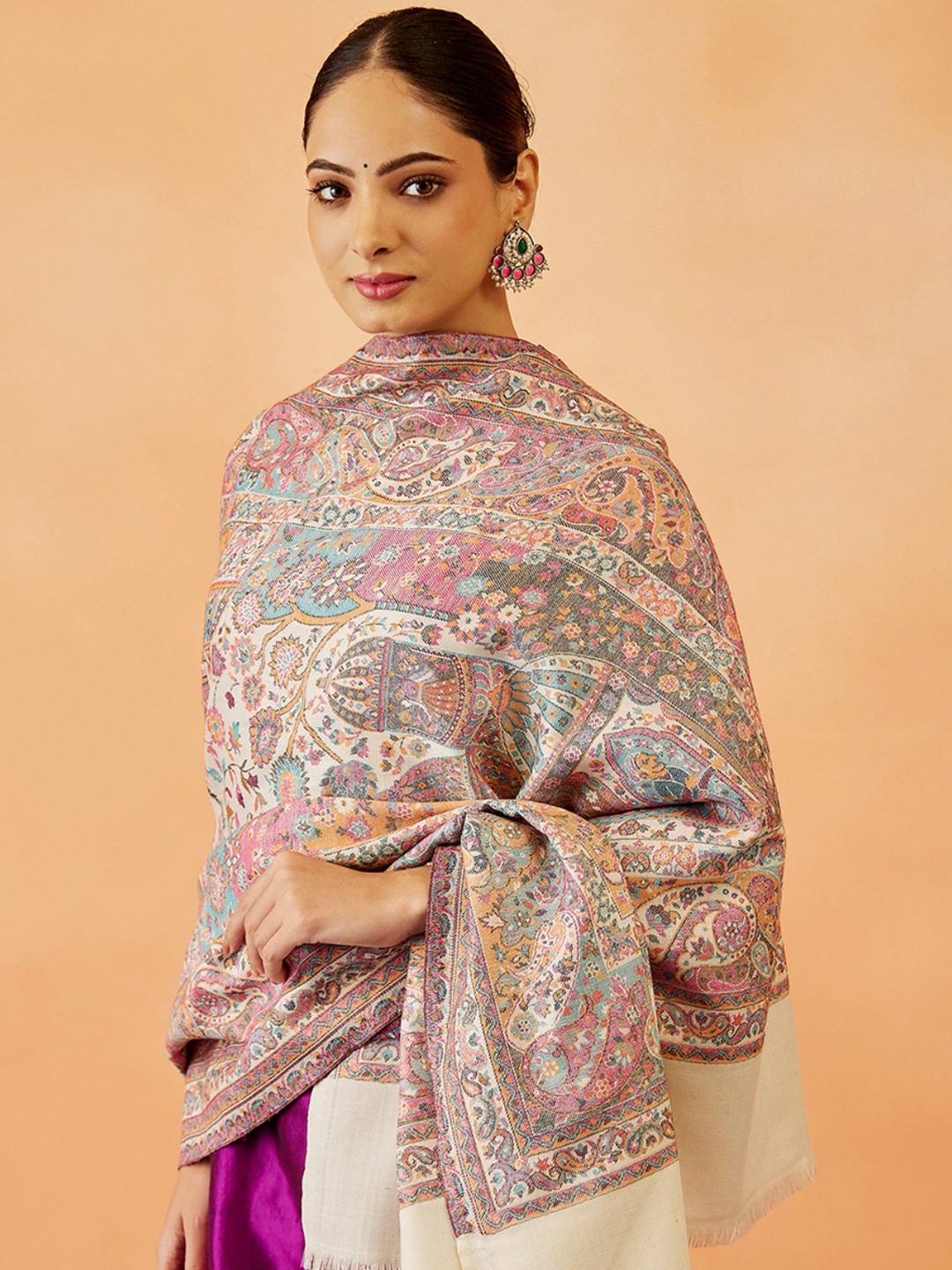

Pashmoda Women Paisley Woven Design Shawl, White