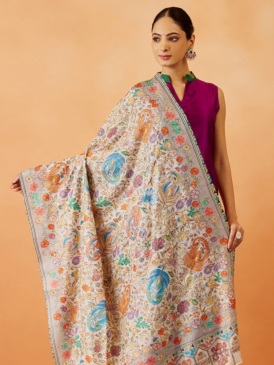 

Pashmoda Women Floral Embroidered Shawl, White