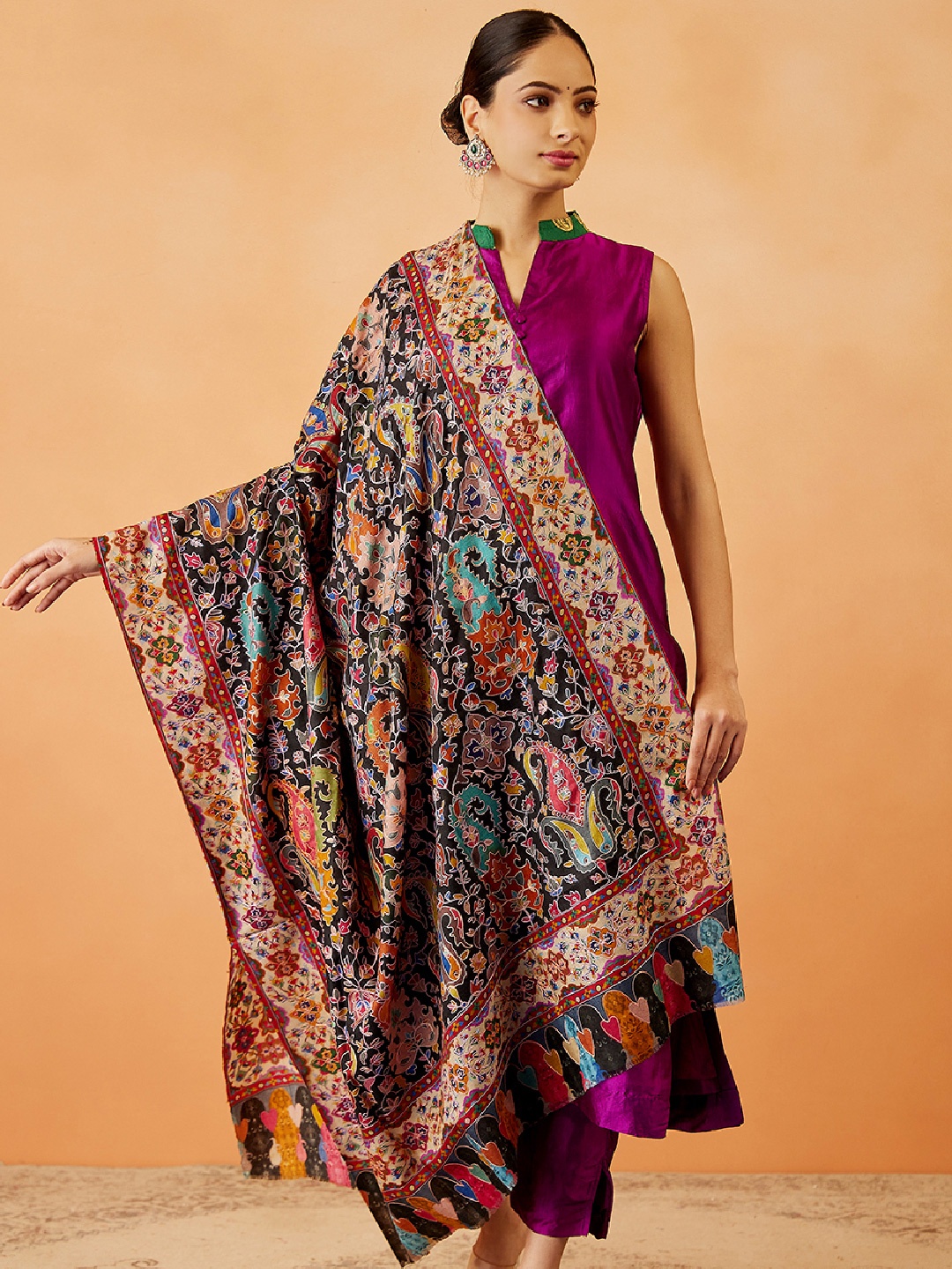 

Pashmoda Women Floral Embroidered Shawl, Black