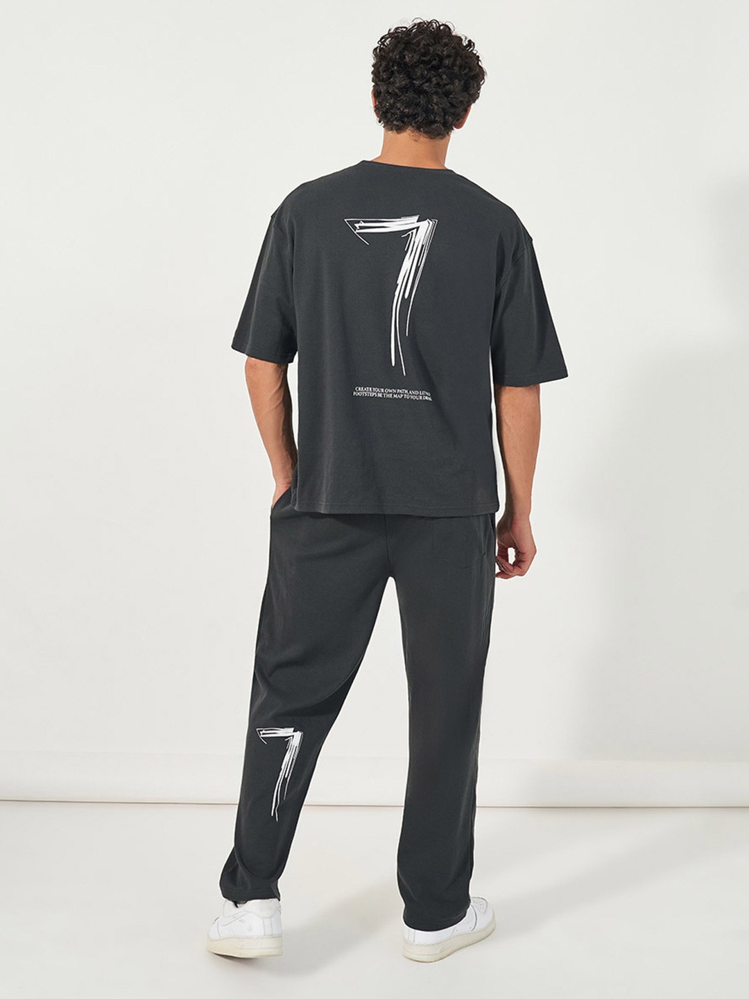 Styli Typographic Printed Round Neck Oversized T-Shirt With Joggers, Grey