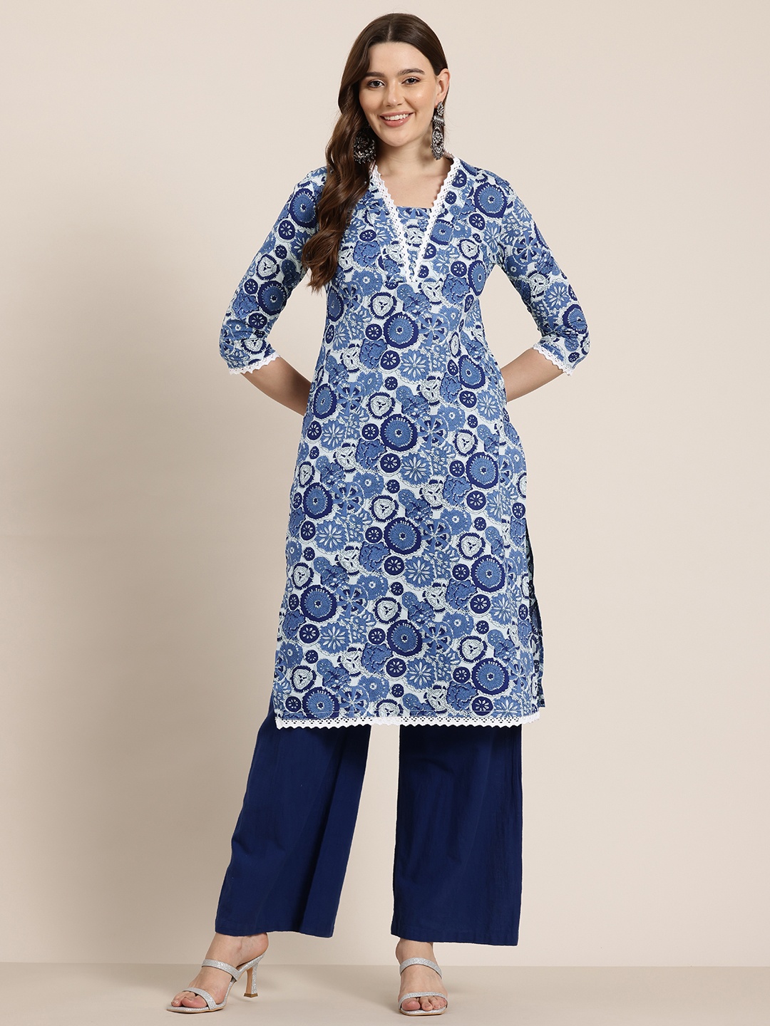 

HERE&NOW Geometric Printed Pure Cotton Kurta, Navy blue