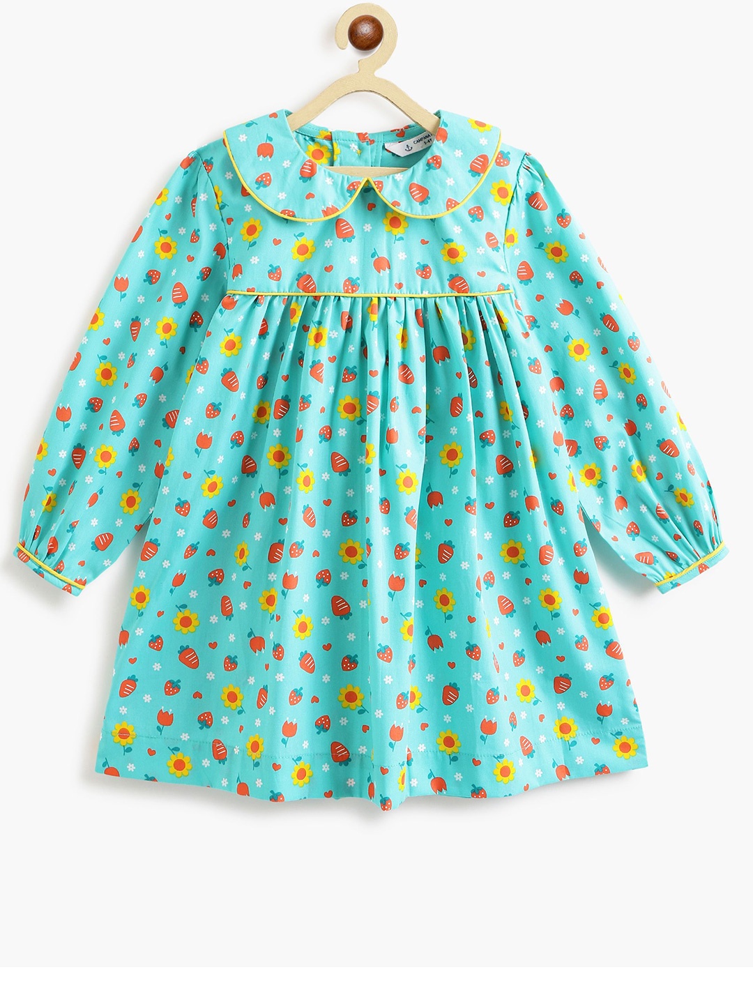 

Campana Girls Printed Long Sleeves Cotton Knee Length Empire Dress, Turquoise blue