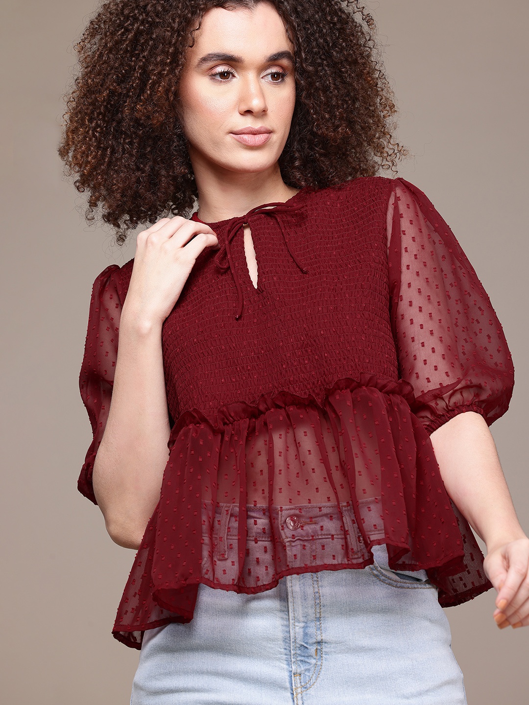 

The Roadster Lifestyle Co. Tie-Up Neck Dobby Weave Ruffles Smocked Top, Maroon