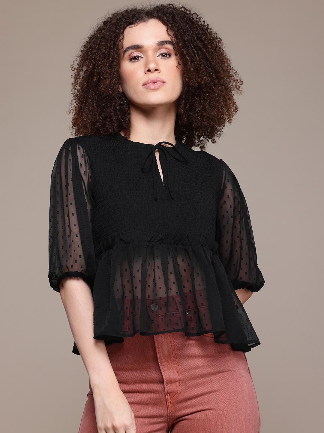 

The Roadster Lifestyle Co. Tie-Up Neck Dobby Weave Ruffles Smocked Top, Black