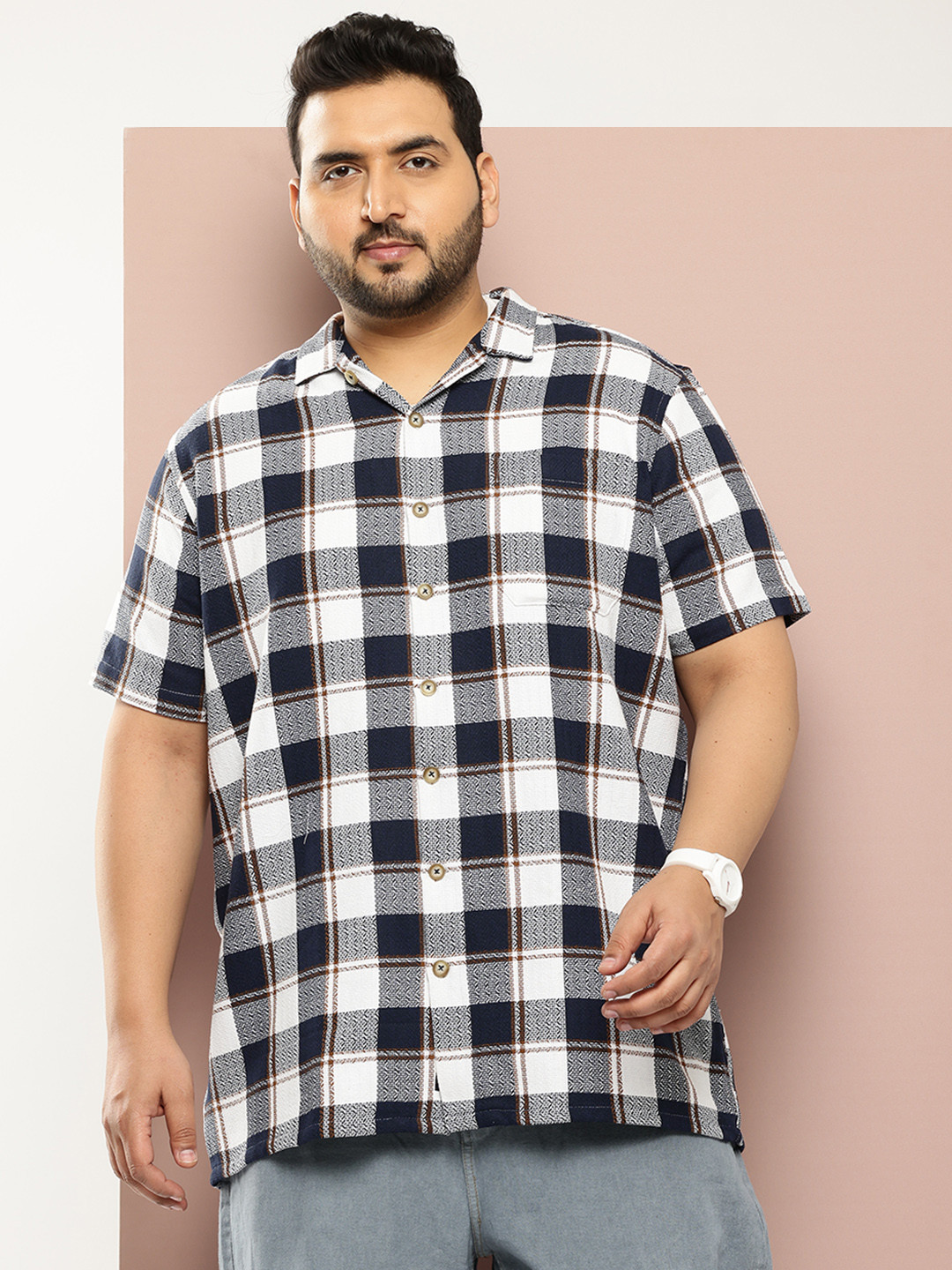 

Thomas Scott Plus Size Premium Checked Pure Cotton Casual Shirt, Navy blue