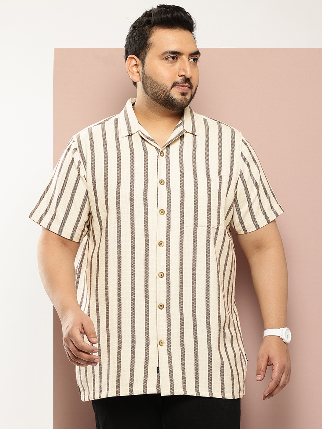 

Thomas Scott Men Plus Size Premium Striped Pure Cotton Casual Shirt, Coffee brown