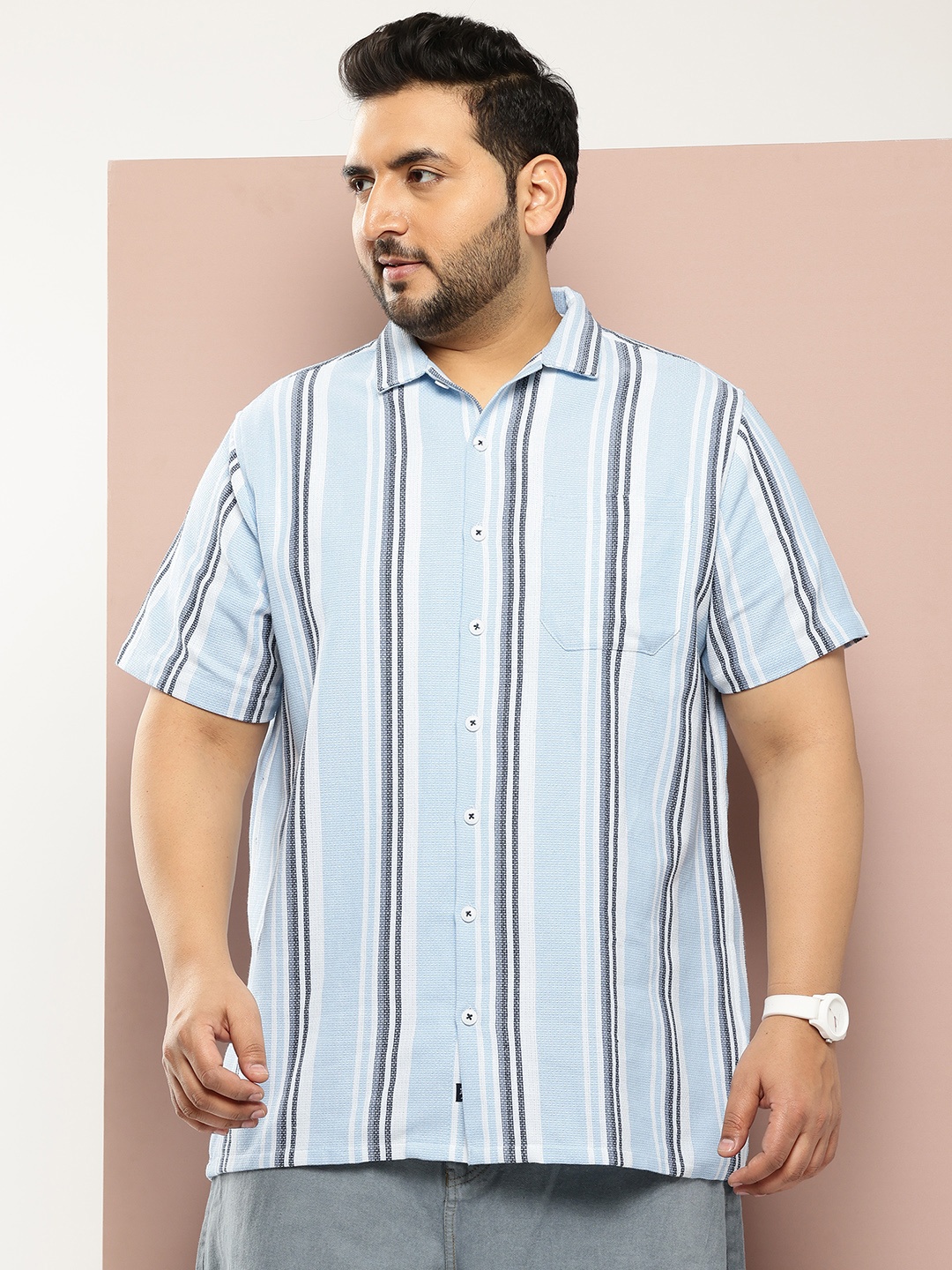 

Thomas Scott Men Plus Size Premium Striped Pure Cotton Casual Shirt, Blue