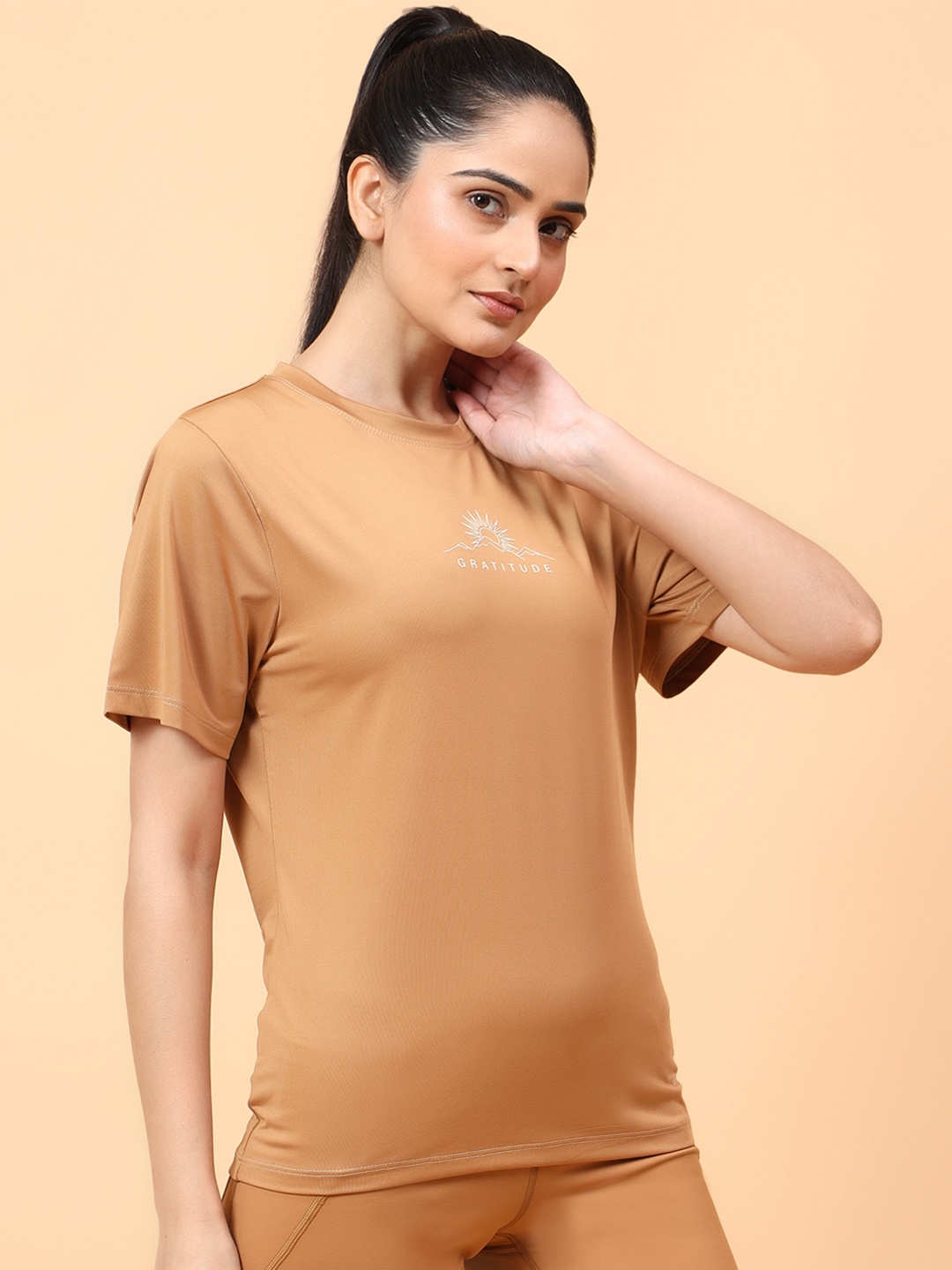 

WiseLife Women Round Neck Short Sleeves Top, Brown