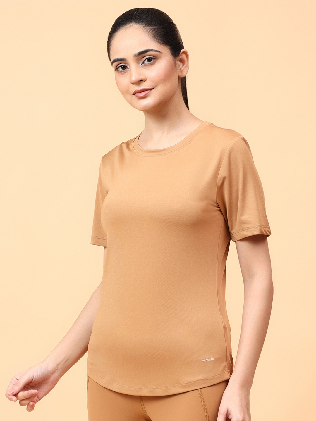 

WiseLife Women Round Neck Short Sleeves Top, Brown