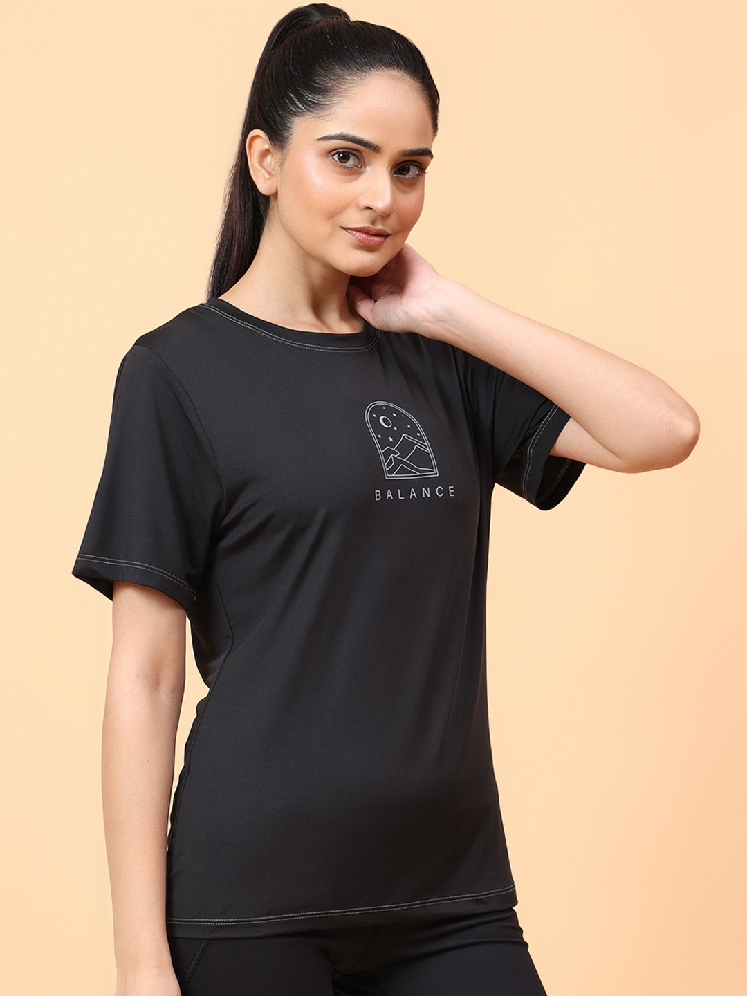 WiseLife Women Typography Print Round Neck Top, Black