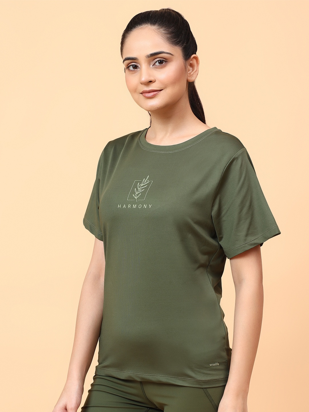 

WiseLife Women Typography Printed Regular Top, Olive