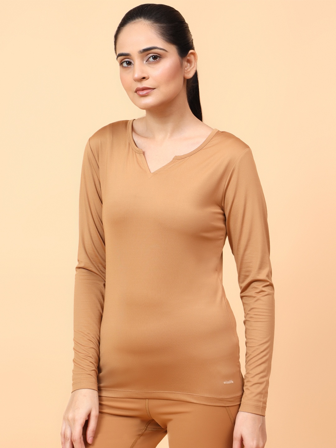

WiseLife Women Round Neck Woven Top, Brown