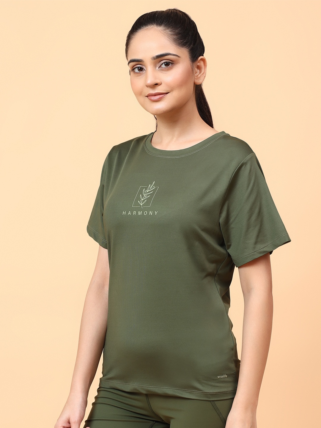 

WiseLife Women Printed Round Neck Top, Olive