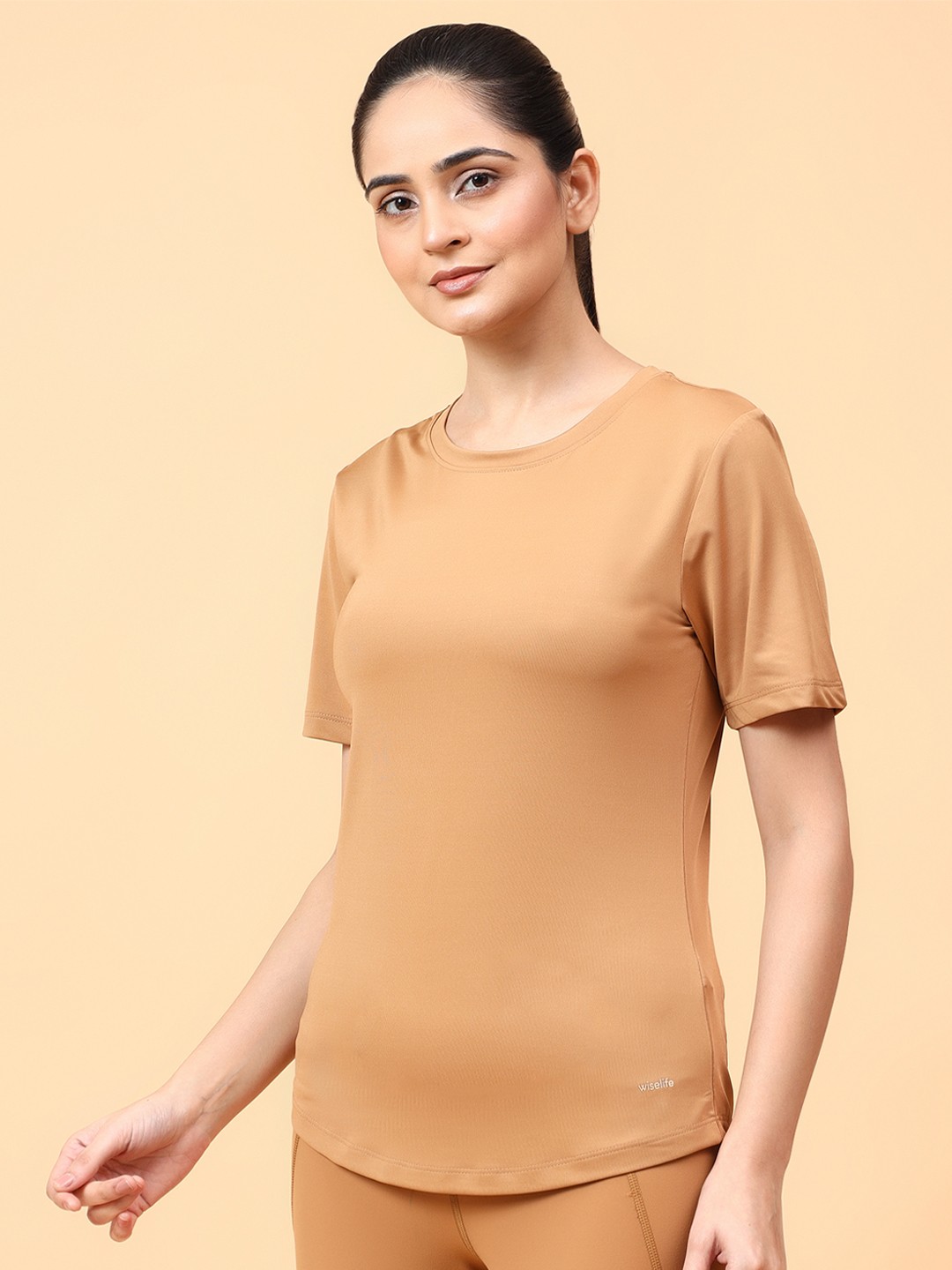 

WiseLife Women Round Neck Short Sleeves A-Line Top, Brown