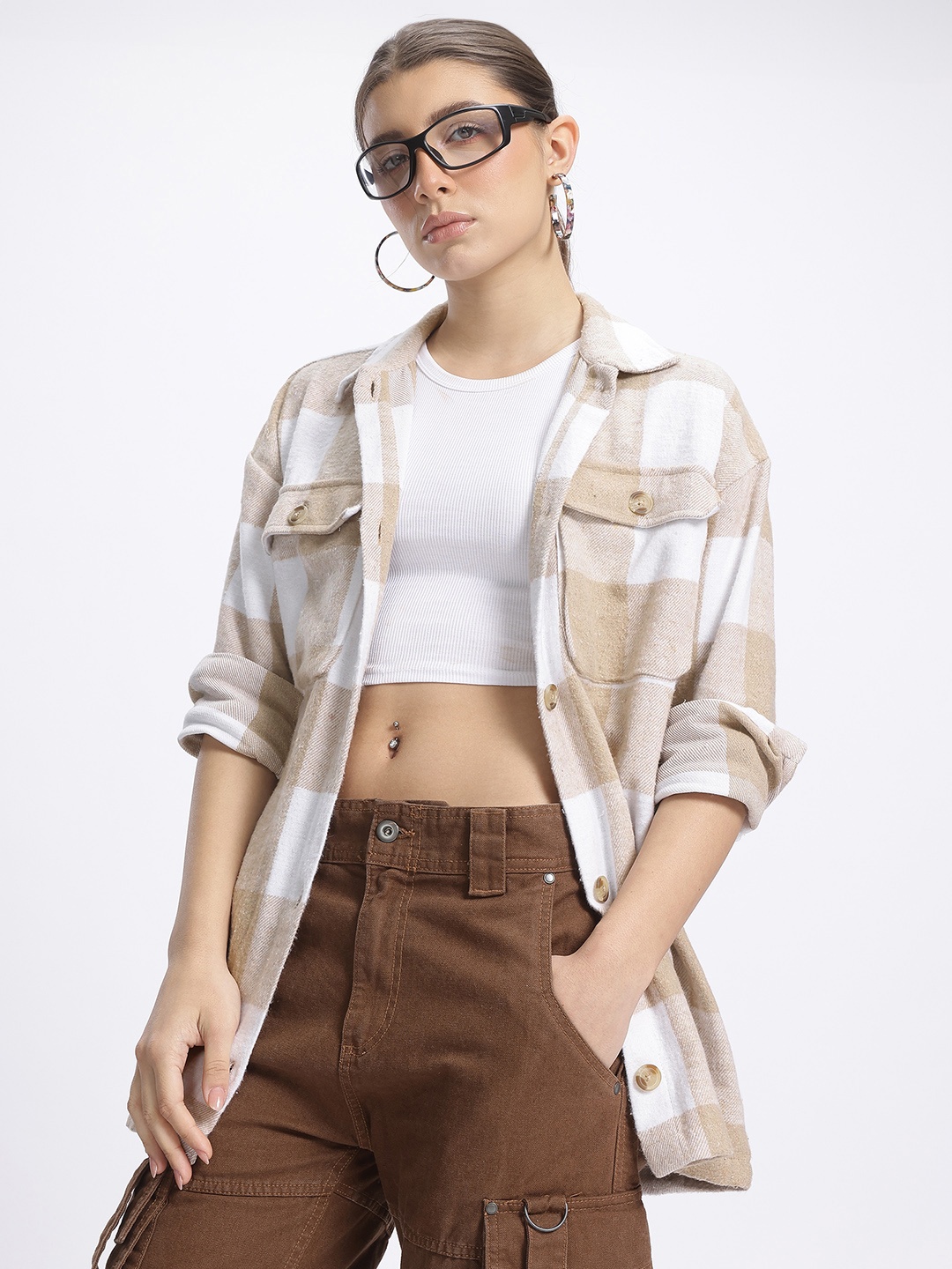 

glitchez Oversized Elegance Buffalo Checks Twill Weave Drop-Shoulder Longline Shacket, White