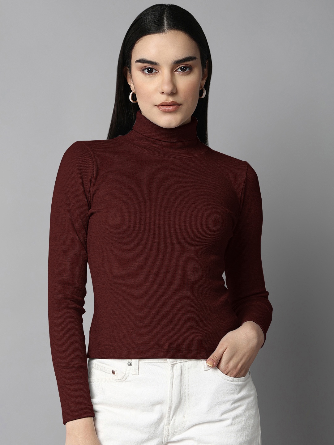 

The Roadster Lifestyle Co. Women High Neck Long Sleeves Fitted Top, Maroon