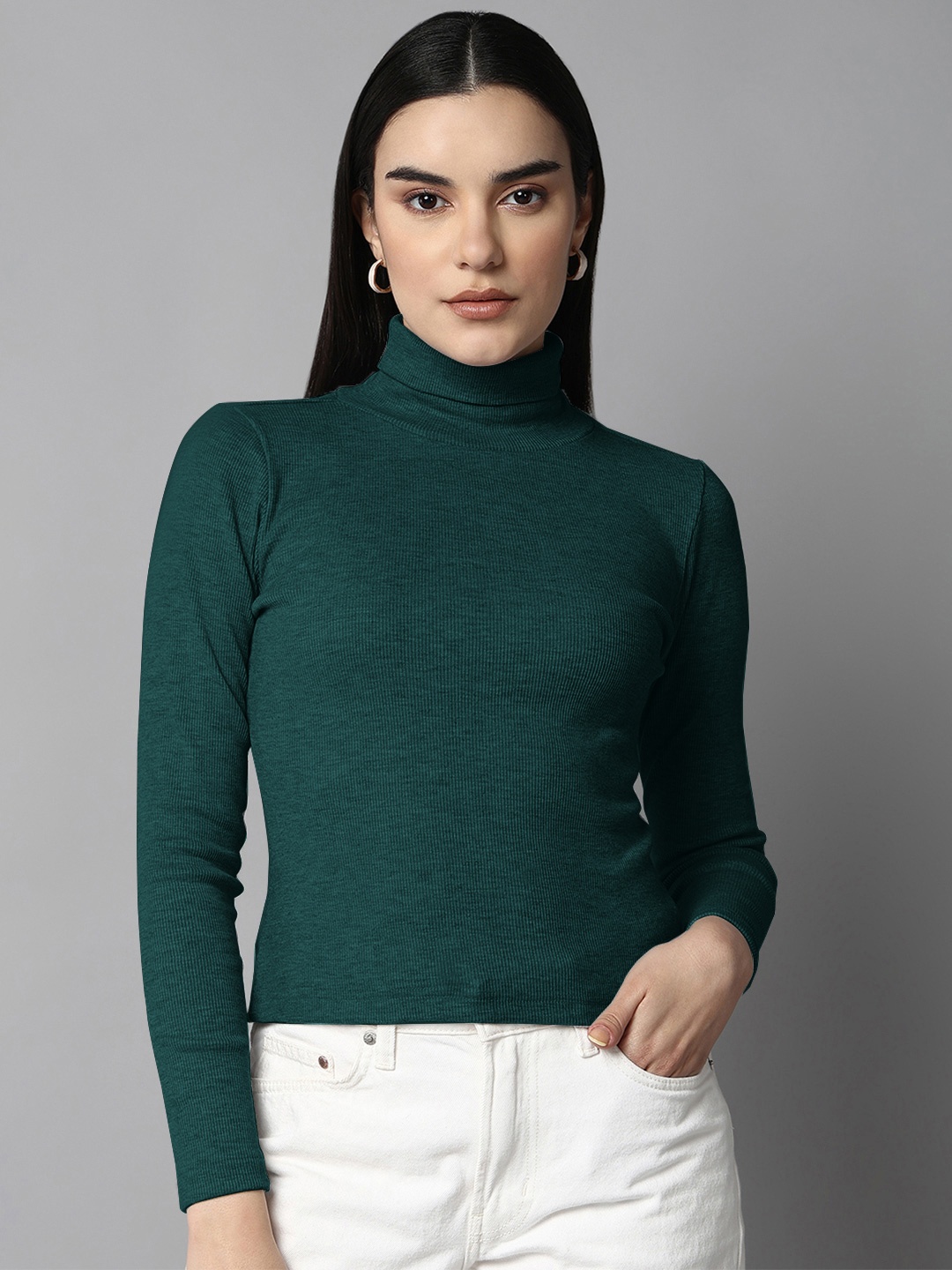 

The Roadster Lifestyle Co Women High Neck Long Sleeves Fitted Top, Teal