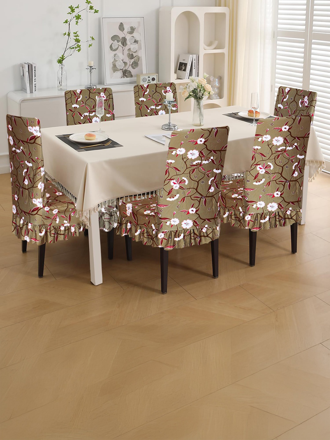 

Dakshya Industries 6-Pcs Red & Brown 140 GSM Printed Chair Covers